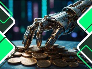 invertir en inteligencia artificial: robot de tecnología avanzada que interactúa con el dinero y las finanzas
